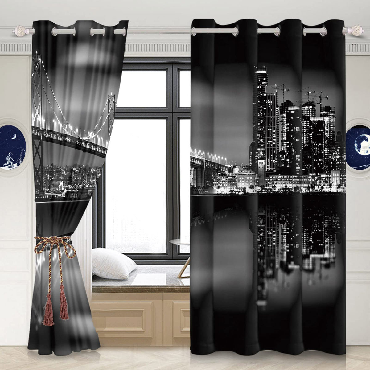 Umpoo City Night View Blackout Window Curtains San Francisco Urban Bridge Skyscrapers Black Scenery Window Drapes 2 Panels Set for Modern Living Room Bedroom Decor Window Treatment, 42x84 Inch