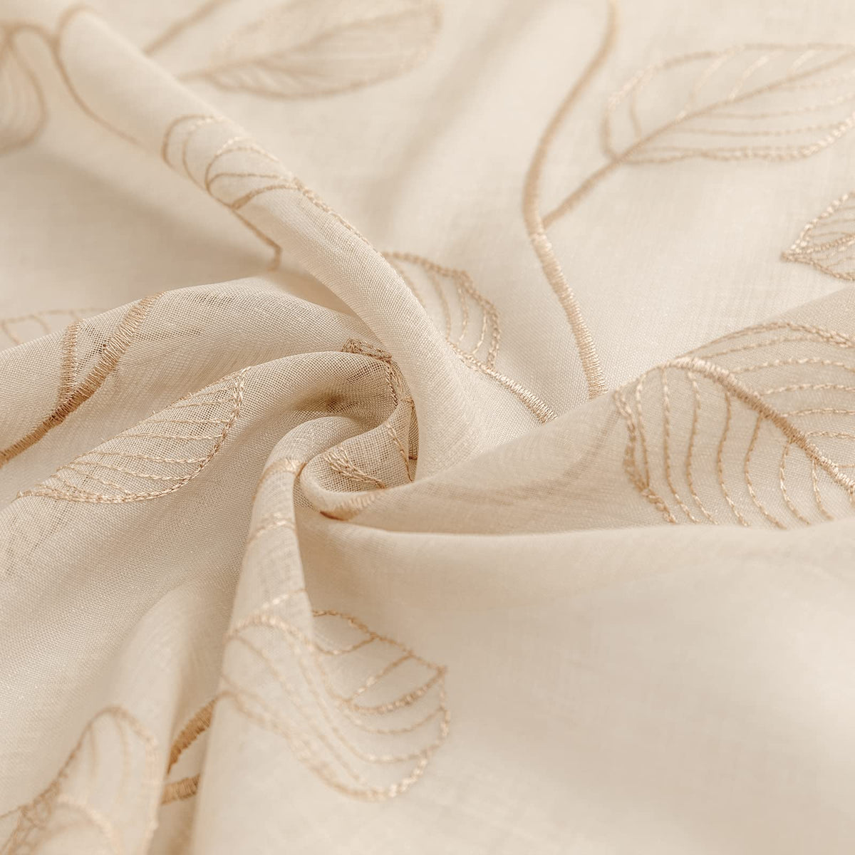 Topick Beige Sheer Leaf Curtain Kitchen Valance for Windows Leaf Embroidered Voile Small Curtain Valance Semi Sheer Farmhouse Curtain 16 Inch Rod Pocket 1 Panel Beige