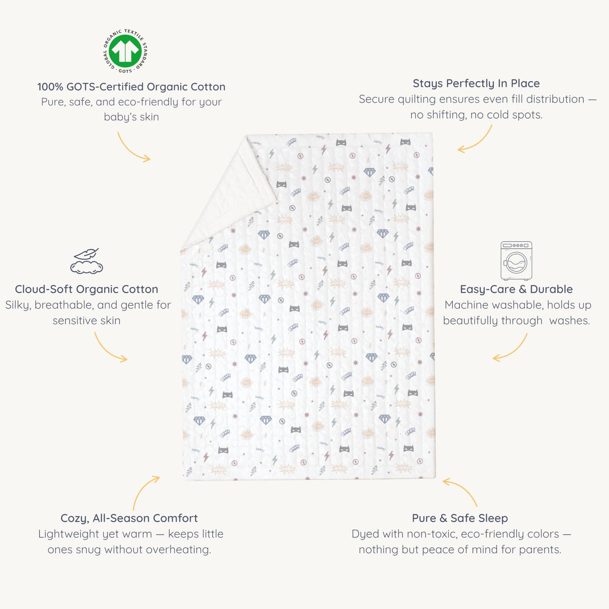 MakeMake Organics Organic Baby Comforter GOTS Certified Organic Kids Blanket Cotton Infill Tufted - Reversible Ultra Soft Breathable Boys Girls Superheros (30"x40", Mighty Heros)