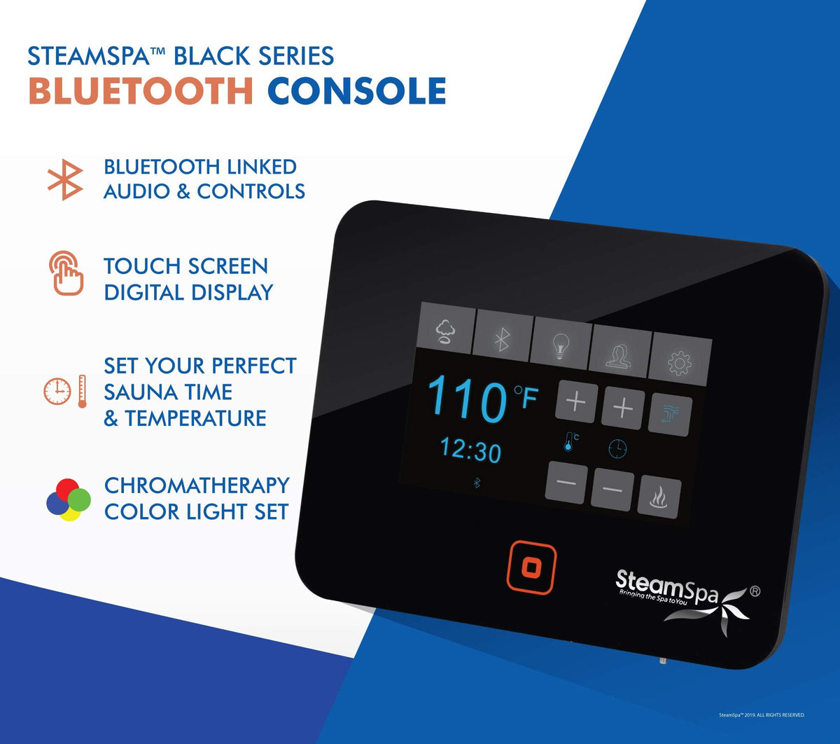 SteamSpa Generator with Quick Start Continuous Steam Technology, Wi-Fi, Bluetooth and Autodrain | 15kW Steam Generator with Black Steam Head with Aromatherapy Reservoir | RVB1500BK-A