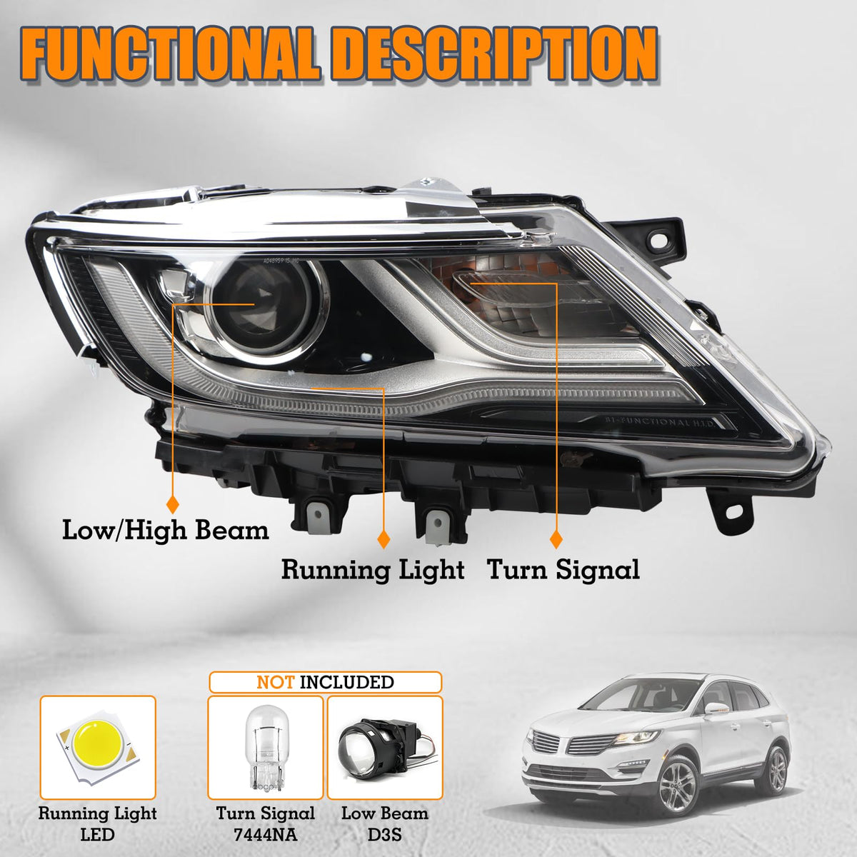 YEQSHNG RH HID/Xenon LED DRL Projector Headlights Semi-Assembly Compatible With 2015-2019 Lincoln MKC Headlamp W/O Bulbs Right Passenger Side FO2519125 EJ7Z13008C
