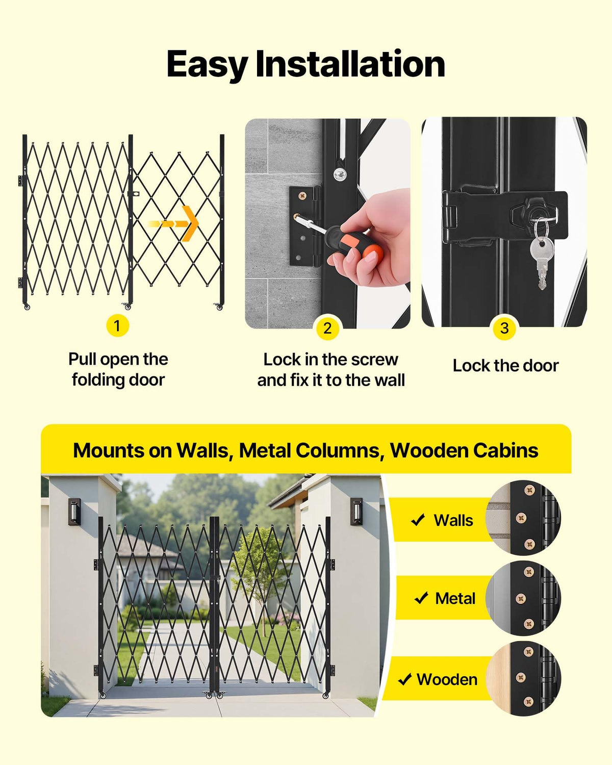 VEVOR Double Folding Security Gate, Lockable Scissor Gate with 360° Swivel Casters, Outdoor Barricade Steel Retractable Gates, for Entry Security, Garage, Warehouse & Pool, 145.67 x 63.19 in (W x H)
