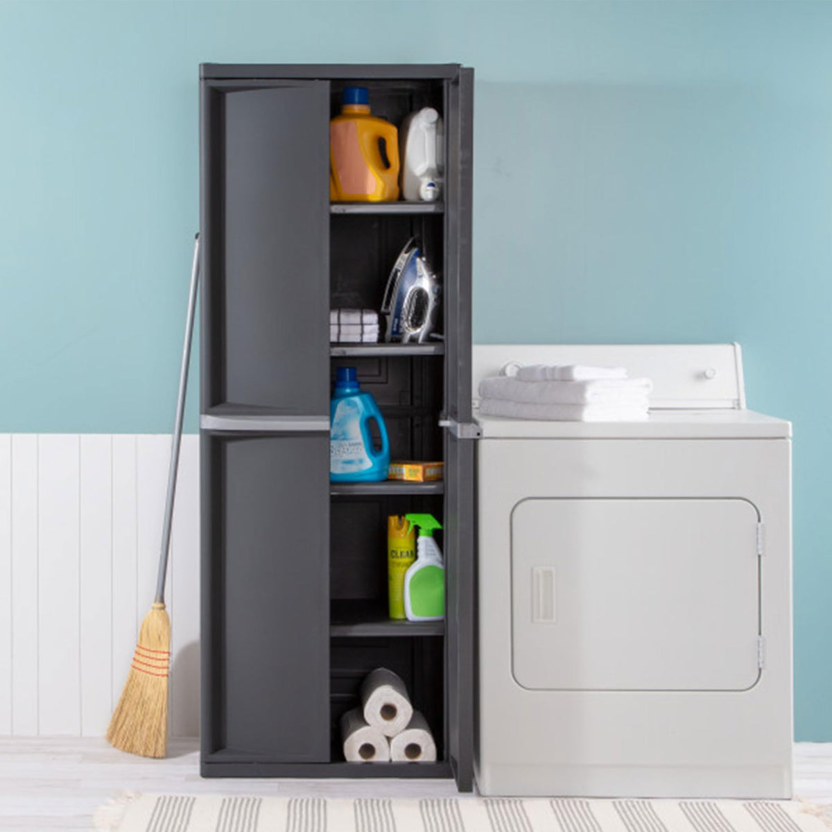 Sterilite 4 Shelf Cabinet, Heavy Duty and Easy to Assemble Plastic Storage Unit, Organize Bins in the Garage, Basement, Attic, Mudroom, Gray, 1-pack