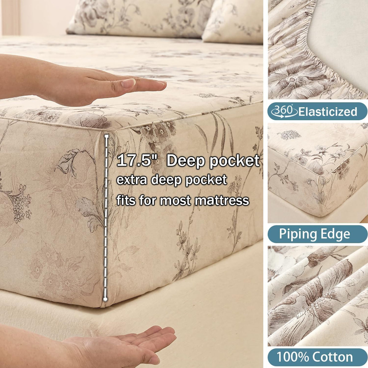 Huborise Beige Queen Sheet Set 100% Cotton Flannel-Like Warm Luxury Peony Toile Floral Bed Sheets 4Pc Deep Pocket 17.5", Double Brushed Extra Soft Breathable, Fall/Winter French Country Bedding