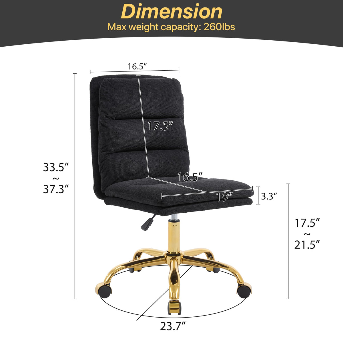Gentlemoods Fabric Armless Home Office Chair, Modern Ergonomic Desk Chair High-Back Vanity Chair with Wheels, Height Adjustable Swivel Task Chair with Comfy Seat for Bedroom/Vanity/Desk(Black)