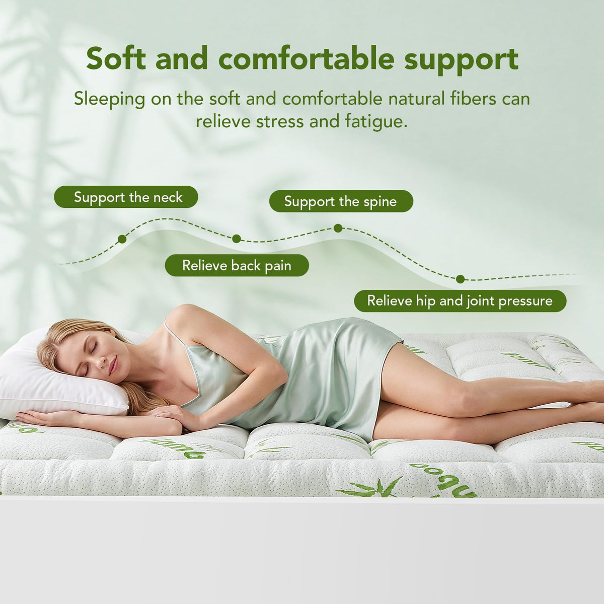 Twin XL Size Bamboo - Viscose Mattress Topper, Extra Thick Quilted Pillow Top, Naturally Cooling & Breathable for Hot Sleepers, Back Pain Relief, Deep Pocket Skirt Fits 6-18", Green