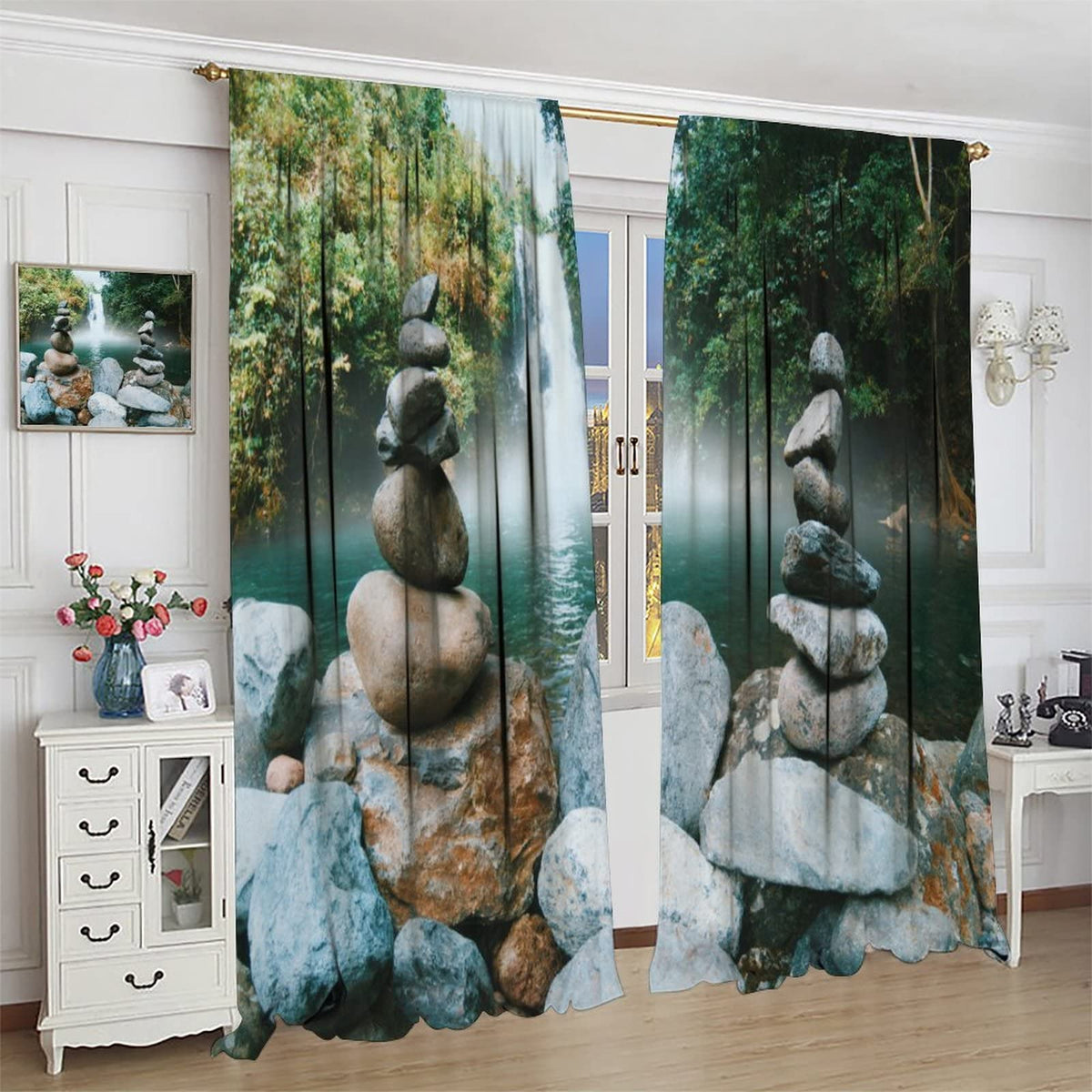 DDCBNS Natural Zen Curtains,Forest Landscape Waterfall Stone Printed Art Design Polyester Fabric Curtains for Bedroom Living Room Kitchen Rod Pocket Window Drapes 2 Panels Set,Total Size 42" x 45"