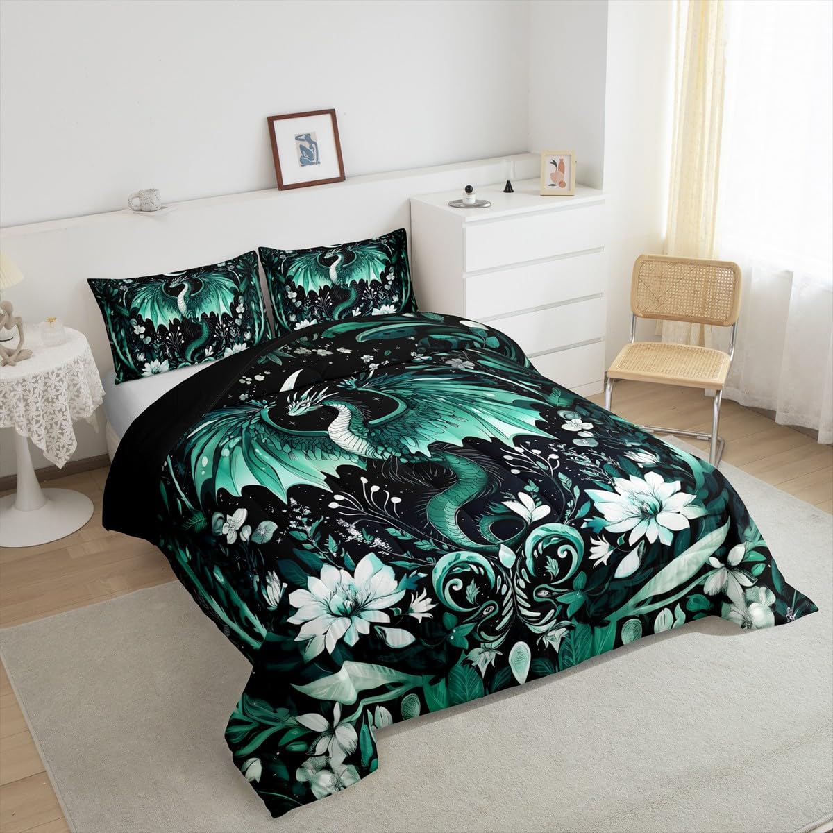 Feelyou Kids Dragon Comforter Set Queen Size, Green Dragon Bedding Set for Kids Boys Girls Boho Duvet Insert Room Decor 3Pcs