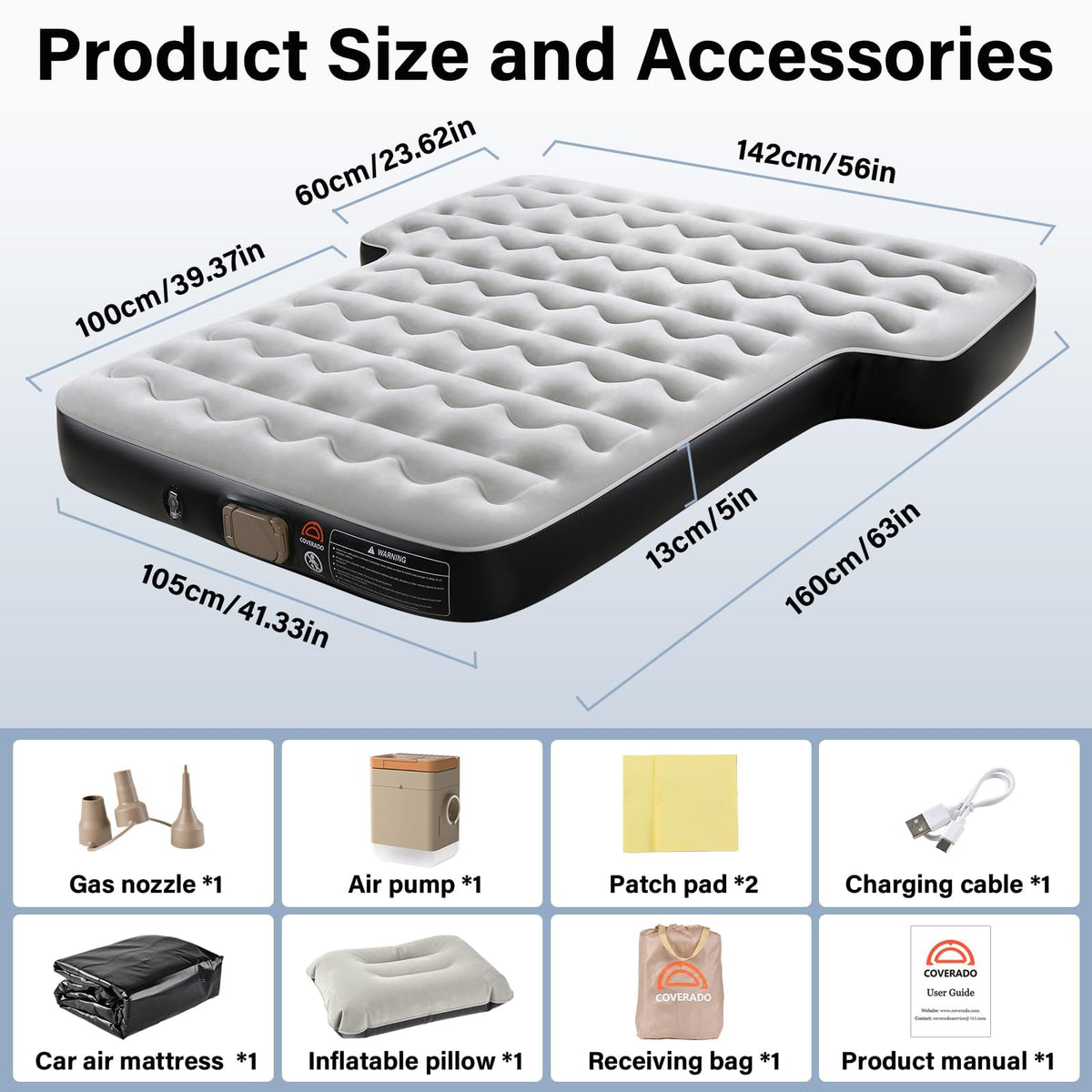 Coverado SUV Air Mattress, Thickened Flocked-Top Car Air Mattress with Wireless Built-in Pump, Pillows, Patch Kit & Carry Bag, Quick&Easy Set Up, SUV Mattress Camping Bed Universal fit for Most Cars