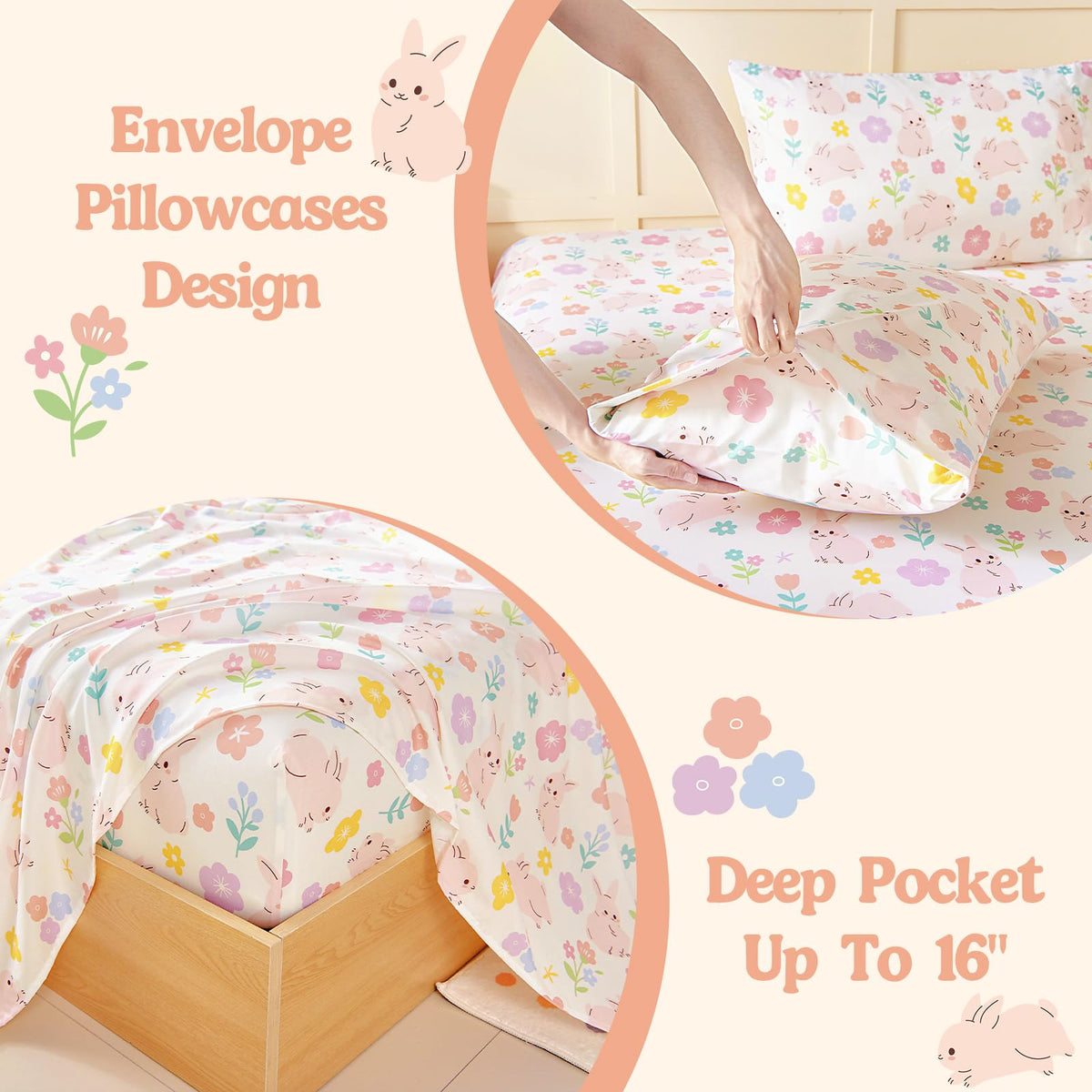 MCO Kids Full Size Bed Sheets, Soft Microfiber Full Size Sheets for Boy Girls, 4 Pieces Breathable Full Bed Sheet Rabbit