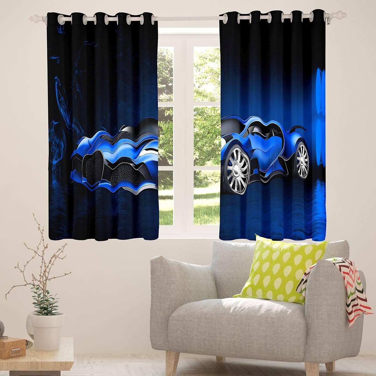 Sports Car Curtains Blue Race Car Window Curtains for Bedroom Living Room Kids Boys Extreme Sports Window Drapesfor Bedroom Living Room Cool Speed Luxury Car Decor Window Treatments 42W X 63L，2 Panels