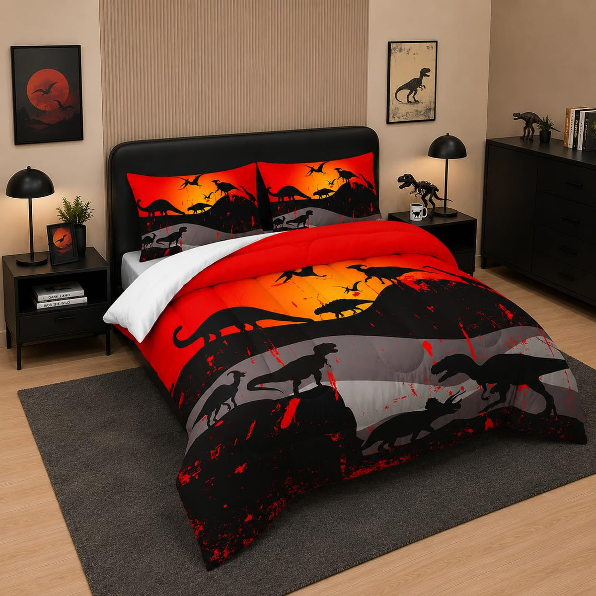 XYNHML Cartoon Dinosaur Comforter Set Full 3Pc Kawaii Dinosaur Bedding Set All Season with Tree, Leaf Decoration Includes 1 Comforter, 2 Pillowcases for Kids Girls Teens