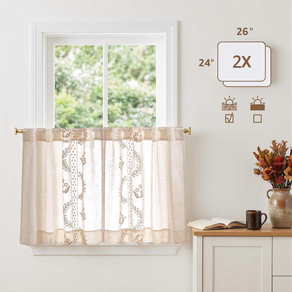 jinchan Belrose Linen Floral Kitchen Curtains 24 inch Length Embroidered Farmhouse Cafe Curtains for Living Room Bathroom Small Windows Curtain Set Sheer Light Filtering 2 Panels Beige