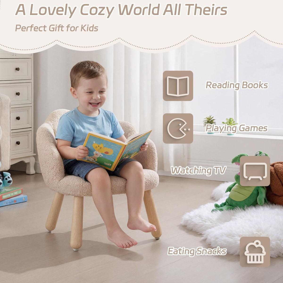 DAYARUS Kid Chair, Toddler Chairs Comfy Sherpa Kids Table Chair, Wood Toddler Couch Sofa, Soft Kid Reading Chair, Boy Girls Desk Chairs for Ages 2-5, Kids Armchair for Bedroom/Nursery/Gifts, Khaki