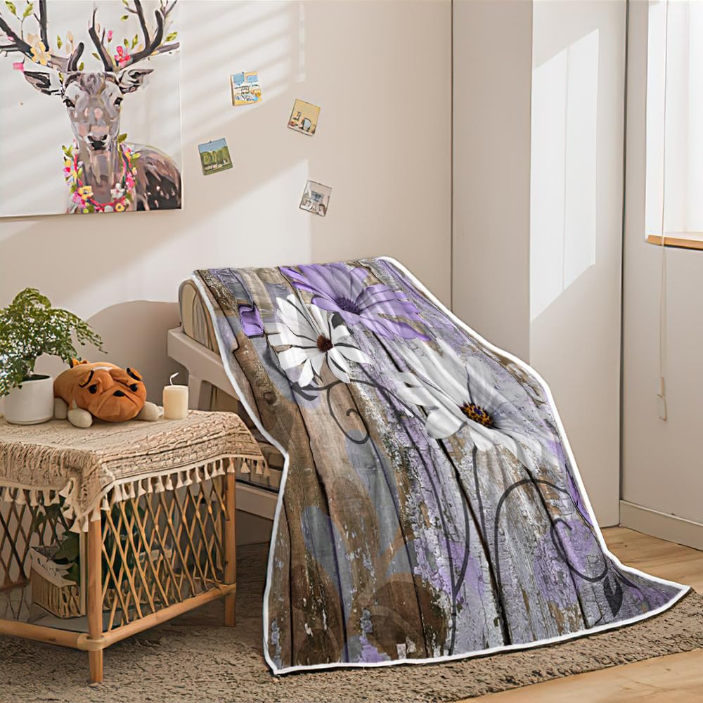 JAWO Farmhouse Flower Floral Throw Blanket, Rustic Purple Daisy Fleece Cozy Warm Bed Couch Blanket, Country Purple Brown Fleece Flannel Throws to Decorate the Room and Bedroom Warm Blanket 50X60IN