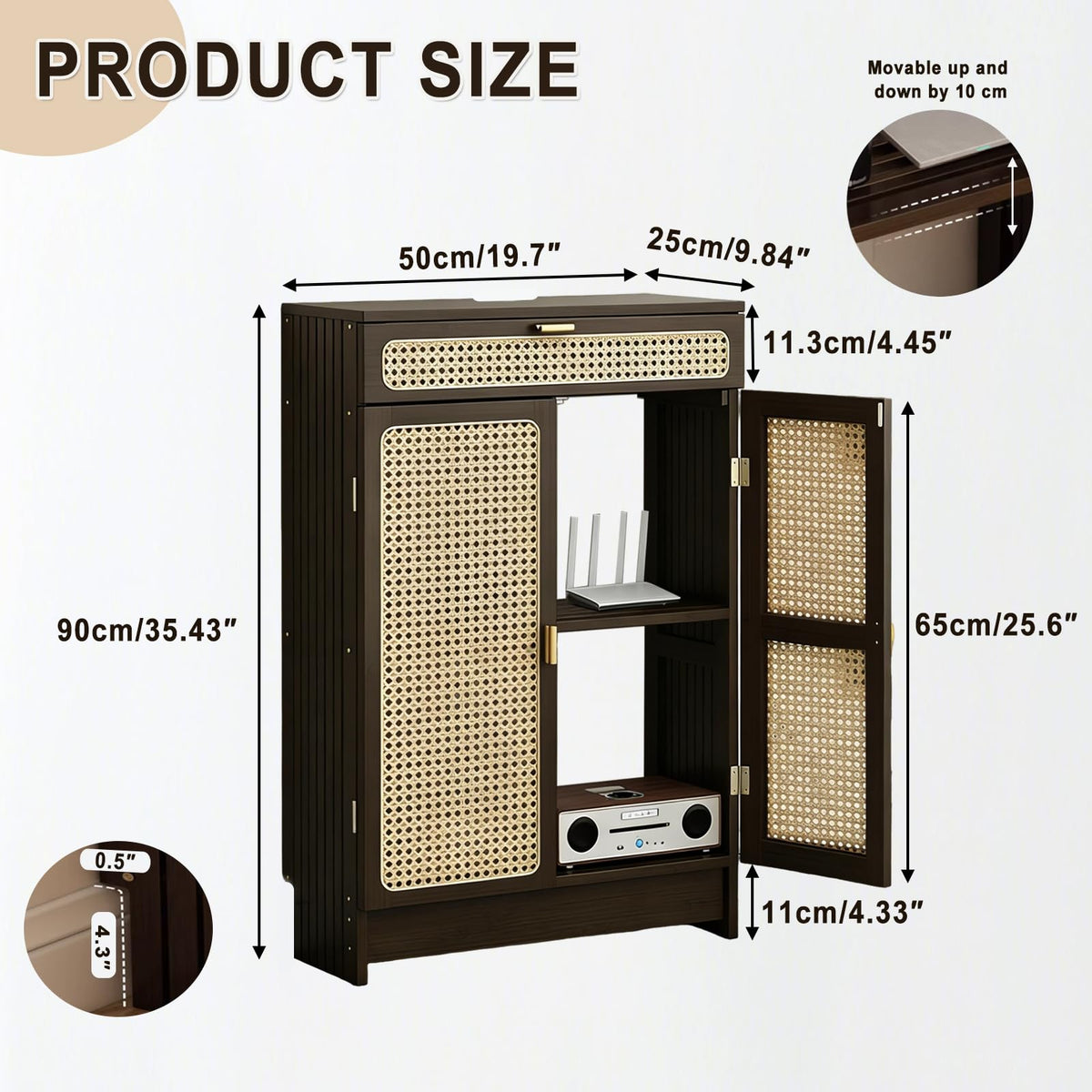 Jueraori WiFi Router Storage Cabinet with Adjustable Shelves, 2-Tier Standing Bamboo Cabinet with Rattan Doors and Drawer, Power Strip Cable Management Hider Rack for Home & Office(35.4"×19.7"×9.8")