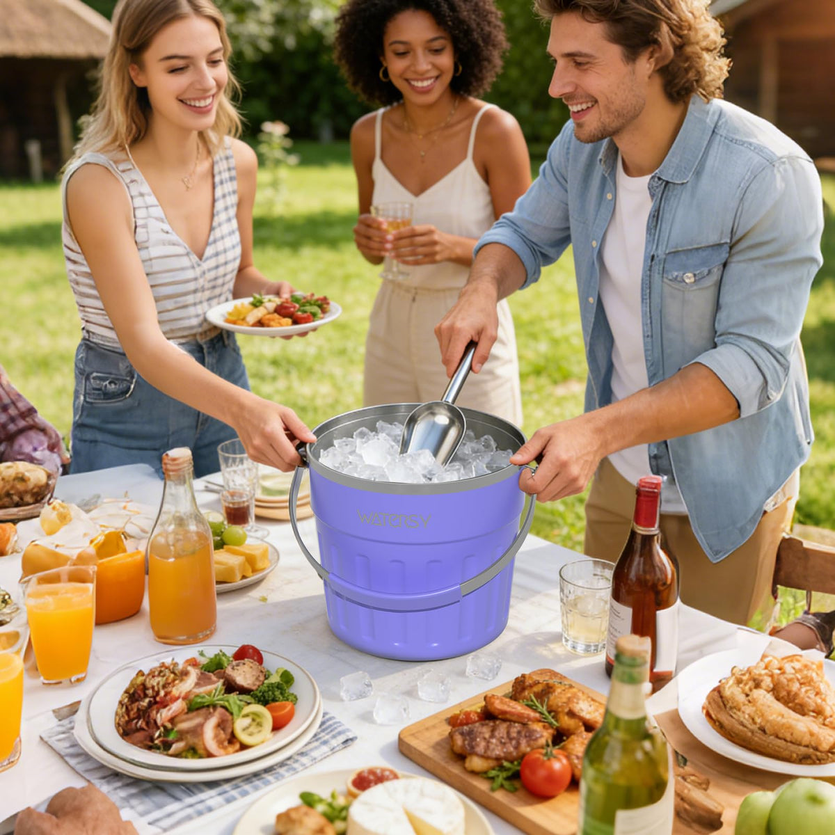 WATERSY Insulated Ice Bucket（8 Quart / 7.6 L） with Lid, Scoop, Ice Tong，Wall Vacuum Stainless Steel, Purple