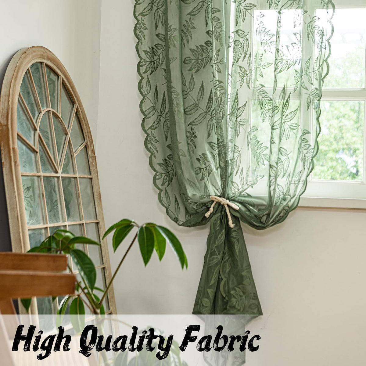 Sutuo Home Olive Green Lace Curtains 84 Inches Long for Bedroom Living Room, Leaf Embroidery Window Sheer Drapes Pair, Rod Pocket Vintage Country Window Treatments Set of 2 Panels, 57" W x 84" L
