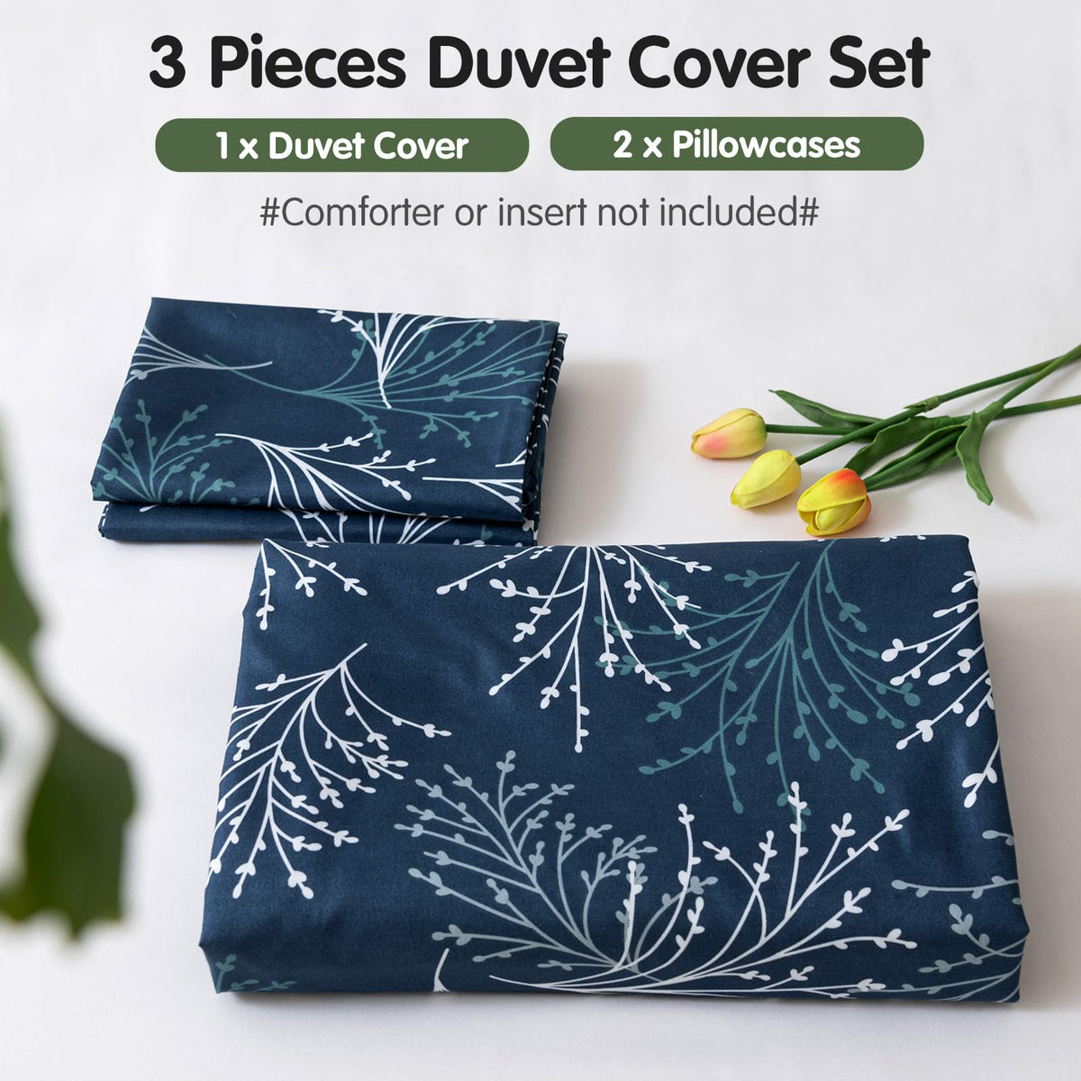 Lekesky Reversible Duvet Cover King Size, Navy Blue White Branch Comforter Cover King 3pcs Microfiber Botanical Bedding Set with Zipper Closure Corner Ties