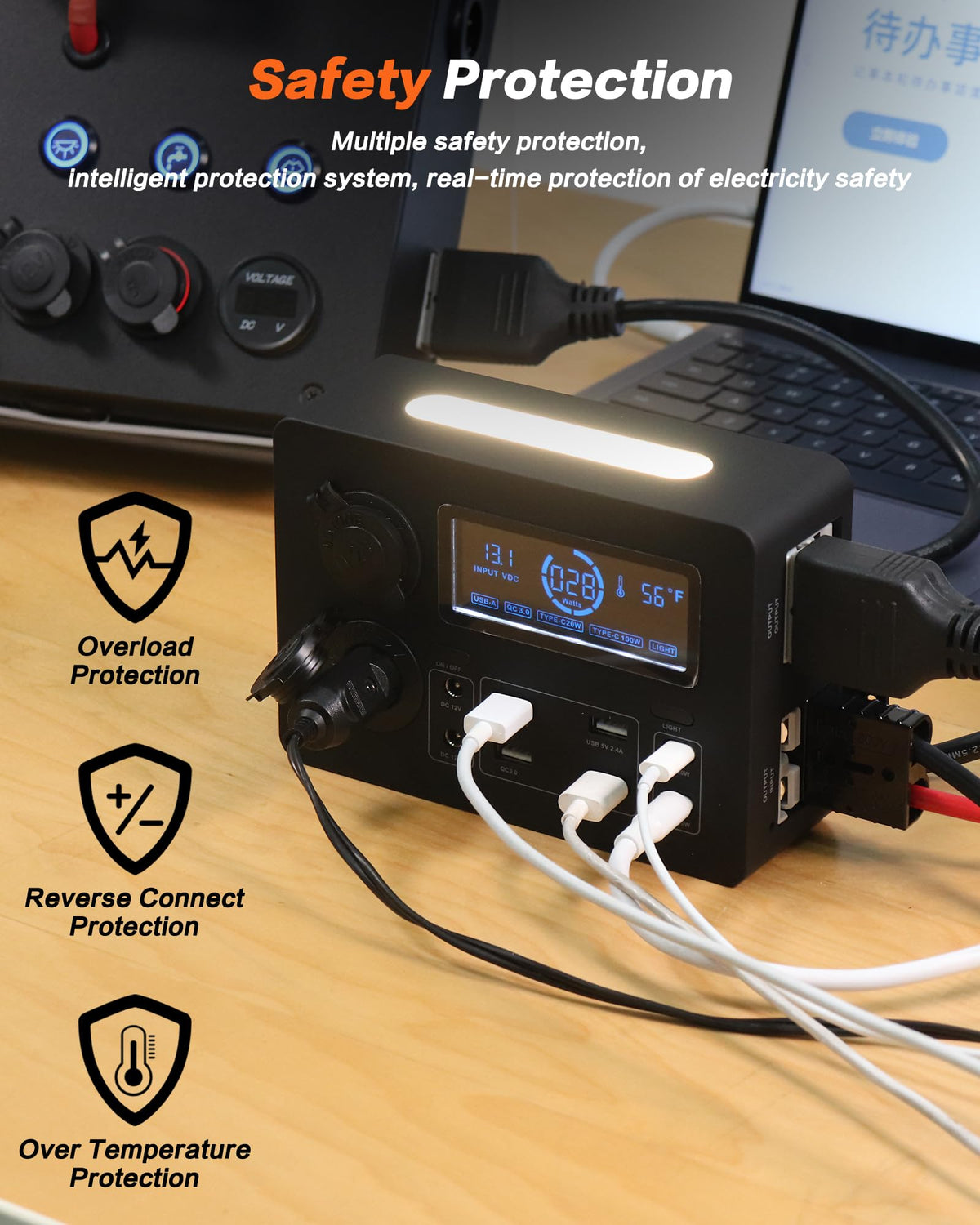 IZTOSS 12V 100W Multifunction Mini Power Box Camping Electrical Power System with LED Lighting USB-C and QC3.0 Ports Cigarette Socket Anderson Port for Camper RVs Pickup Trucks 4WD Canopy Caravan