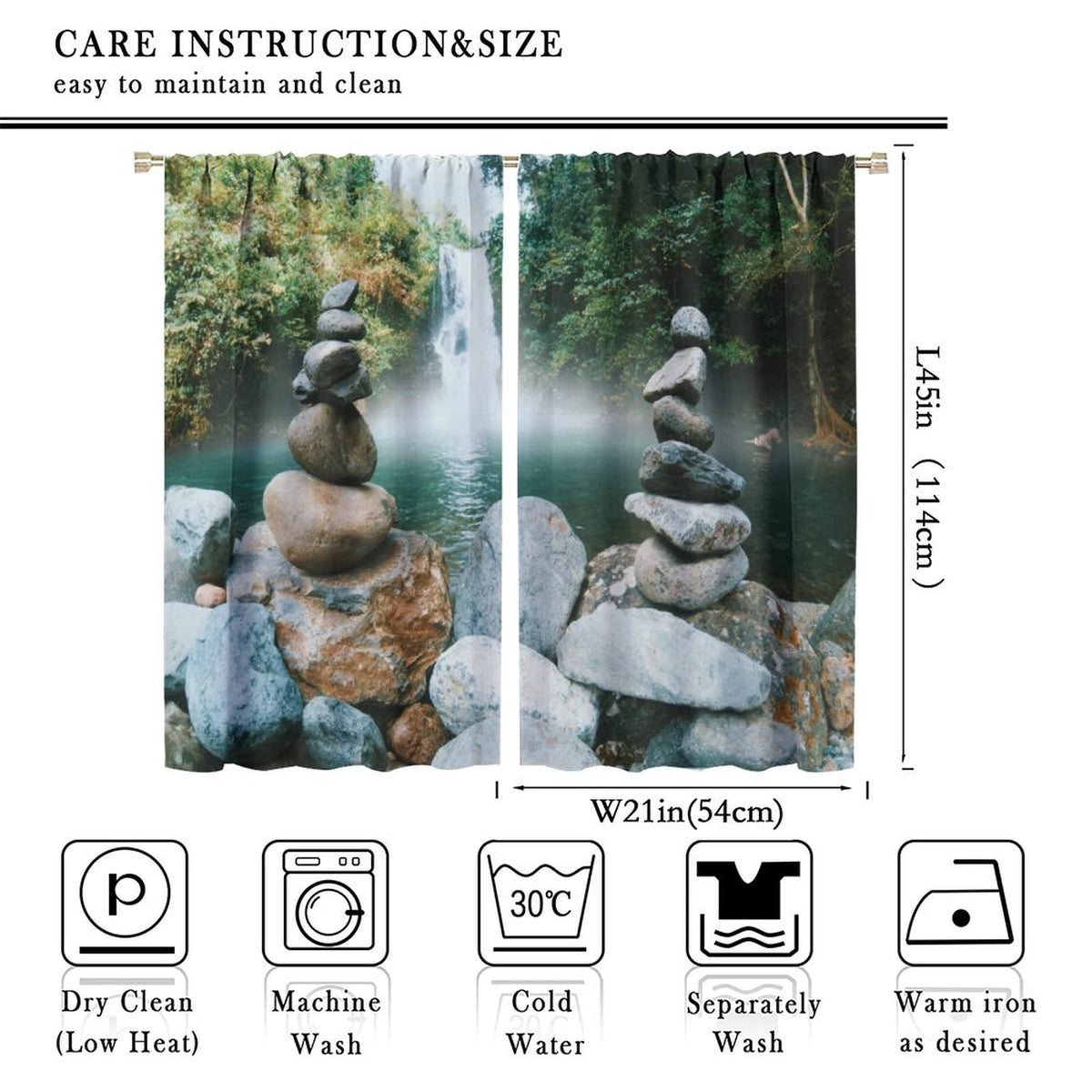DDCBNS Natural Zen Curtains,Forest Landscape Waterfall Stone Printed Art Design Polyester Fabric Curtains for Bedroom Living Room Kitchen Rod Pocket Window Drapes 2 Panels Set,Total Size 42" x 45"