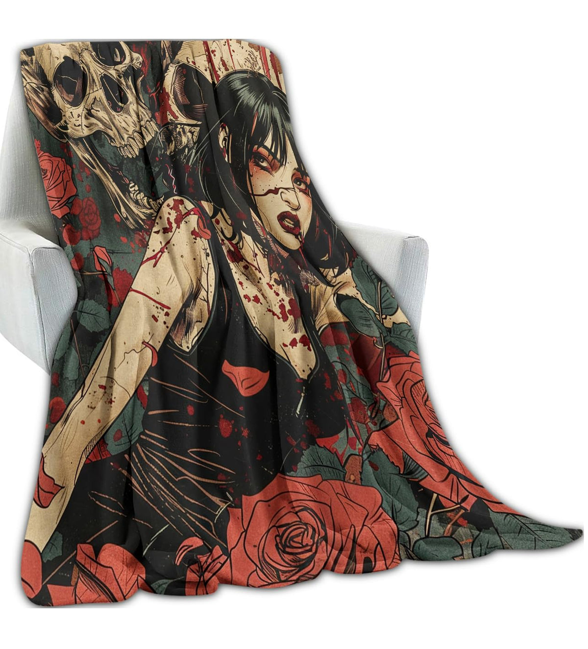 amepay Scared Bleed Female Blanket, Gothic Skull Red Rose Aesthetic Throw Blankets for Halloween Home Bedroom Couch Room Decor, Fluffy Comfortable Warm Throws, for Artist Adults Women, 50x60 in