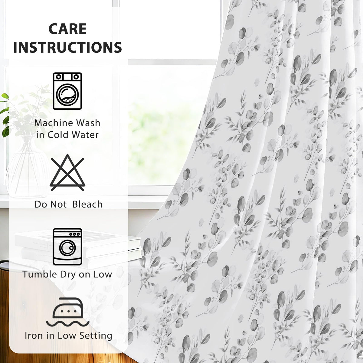 GICDSU Gray Botanical Leaf 90% Blackout Curtains 63 Inches Long Watercolor Floral Print Room Darkening Curtains with Grommet Country Soundproof Insulated Window Drapes for Bedroom Living Dining Room