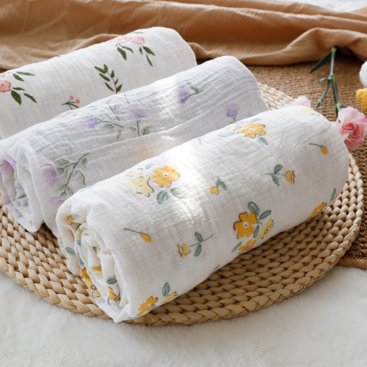 BOPRIO Baby Blankets for Unisex Boys Girls Super Soft Nursery Minky Blankets with Breathable Muslin Cotton Front and 3D Touch Dotted Fleece Backing, Floral Printed Bed Throws Newborn 30 x 40 Inch