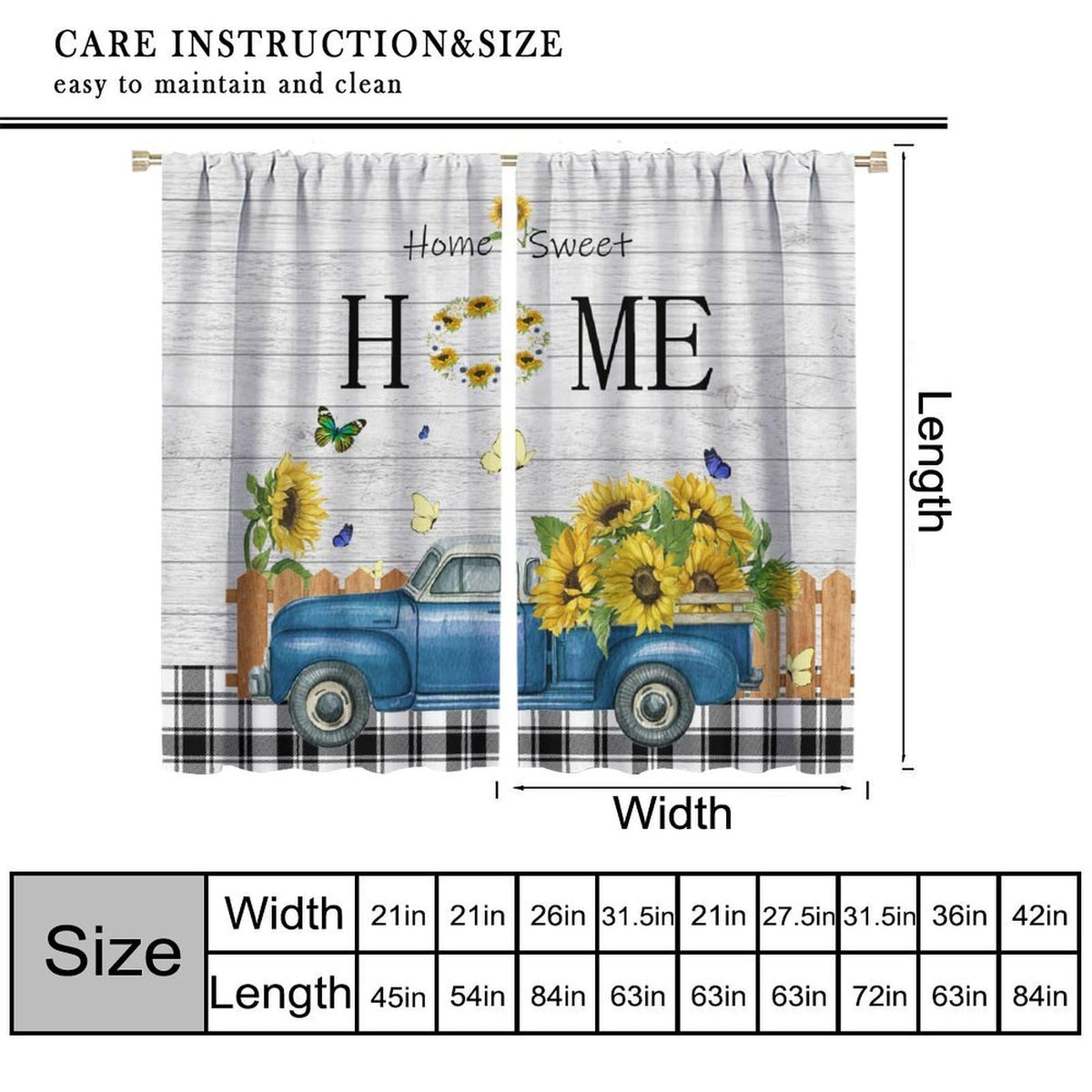 Nanacur Country Farmhouse Truck Curtains, Retro Rustic Truck Sunflower Butterfly Wooden Print Window Drapes, for Bedroom Living Room 42" W X 45" L (Decorative)