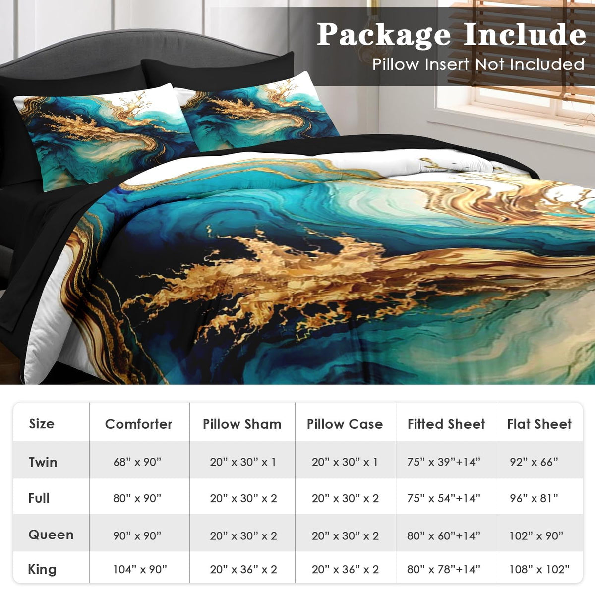 Pamnest Comforter Set Twin Size, Mint Green Marble Gold 5 Pcs Bedding for Kids and Adults, Teal Turquoise Blue Bed Sheet Sets with Fitted Sheet Pillowcase & Sham for Bedroom Bed Decor