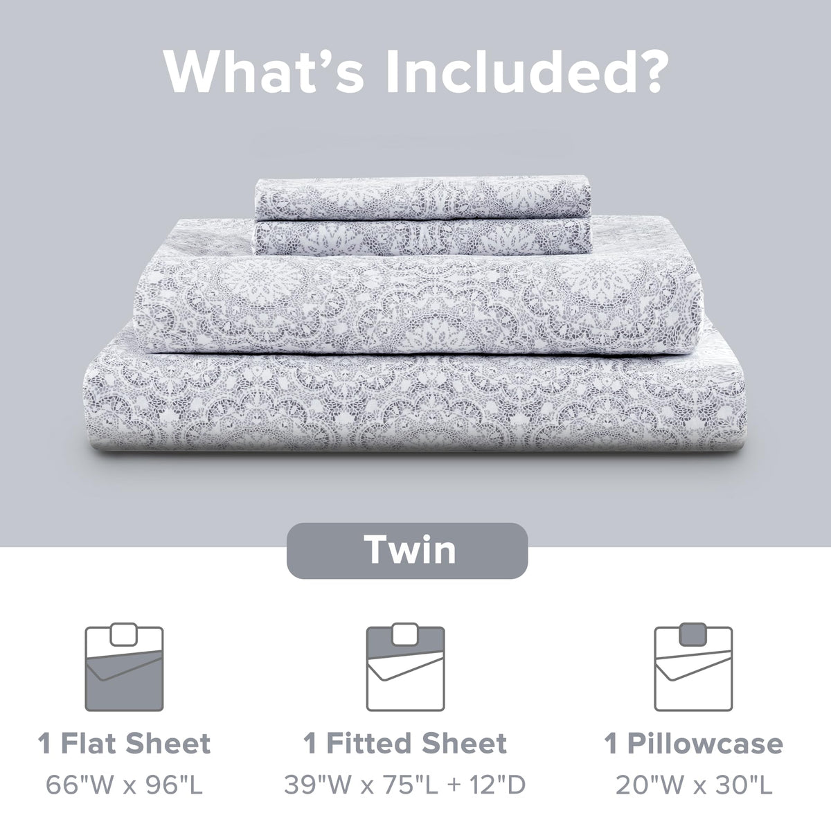 Comfort Spaces 100% Cotton Sheet Set Breathable, Lightweight, Soft with 12" Elastic Pocket Fits up to 14" Mattress, All Season Cozy Bedding, Matching Pillow Case, Twin Adelia Gray 3 Piece