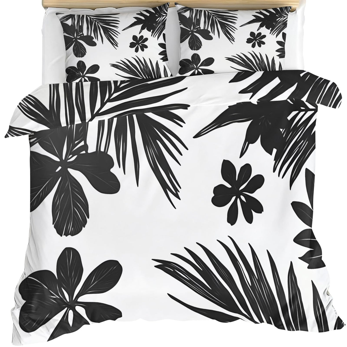 GKPLY Tropical Leaves Bedding Duvet Cover, Black Botanical Comforter Set with Zipper, Black and White Duvet Cover Twin, 3 Pieces with 2 Pillowcases, Reversible Bedding & Bedroom Decor, Easy Care