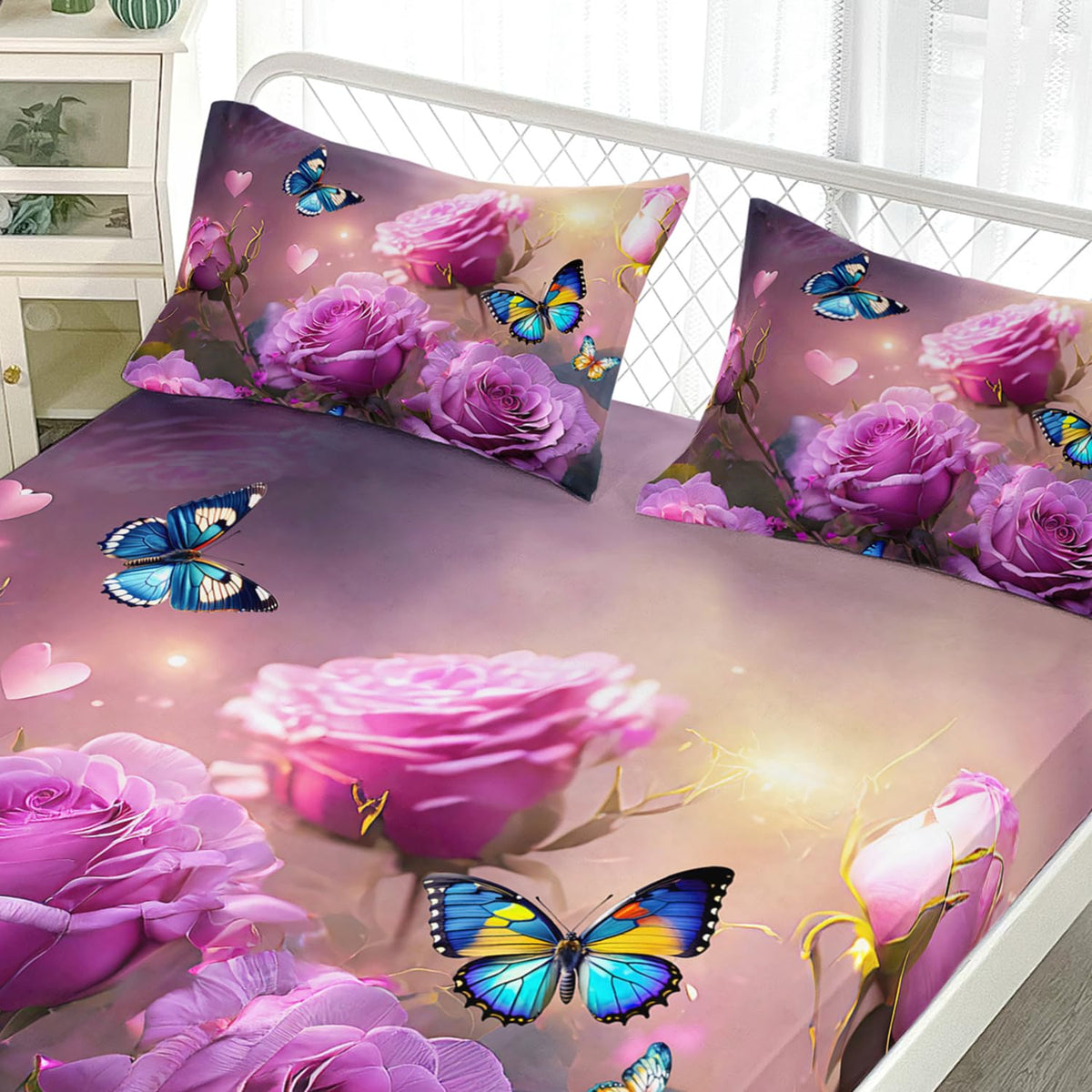 AILONEN 3D Rose Bedding Set Queen Size, Beautiful Rose Floral Print Fitted Sheet Set,Romantic Flowers Bed Sheet for Girls Women Bedroom Decor,Pink Rose Fitted Sheet with 2 Pillow Case,3-Piece