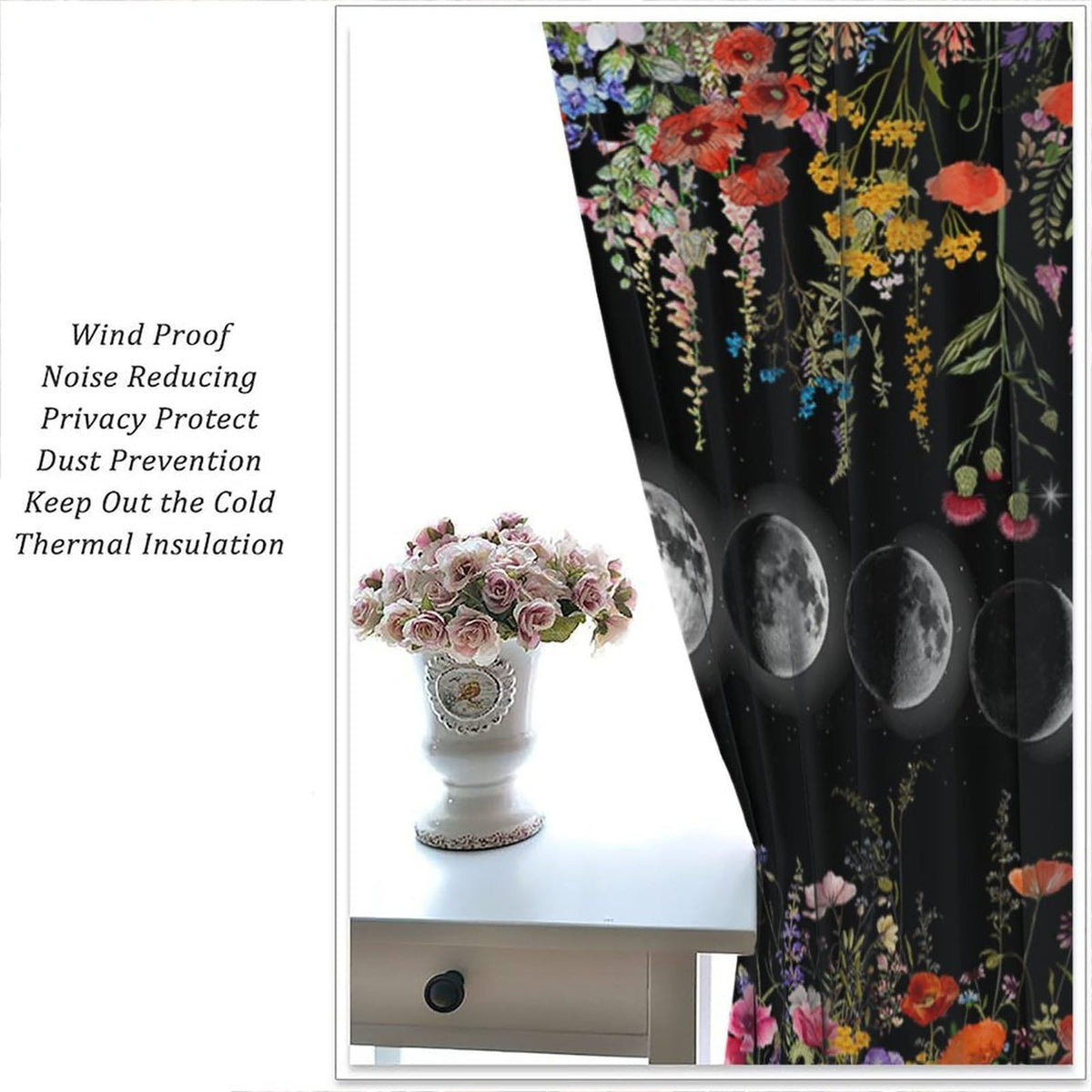 Moonlit Boho Floral Curtains,Garden Moon Phase Plants Flowers Village Art Print Window Drapes for Bedroom Living Room Kitchen Cafe （W20xL45 Inch） x2 Decor