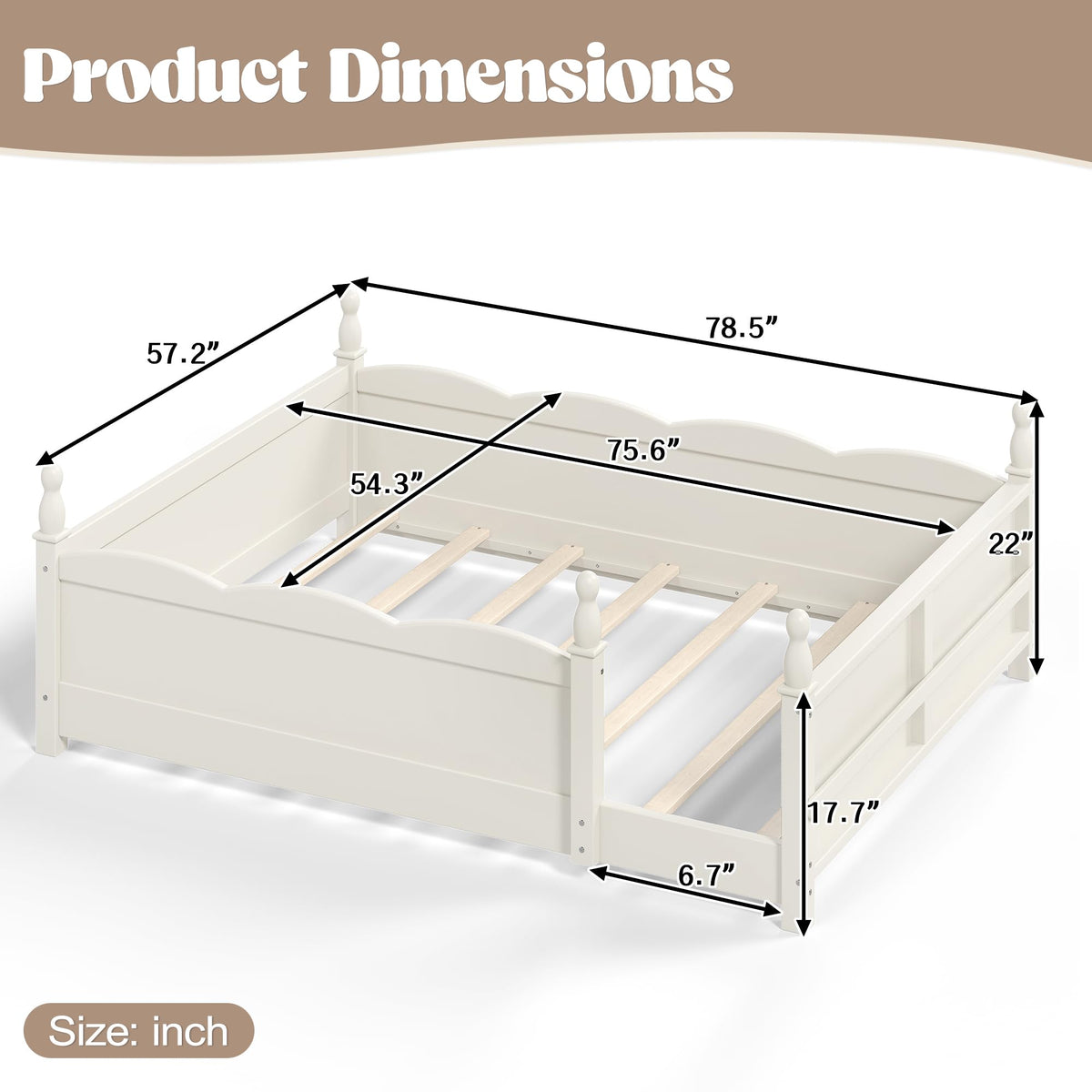 KEIKI Full Size Wood Montessori Floor Bed Frame with Beside Book Shelf, for Girls and Boys, Floor Bed with Full-Length Guardrails & Slats, Easy Assembly, No Box Spring Required, for Bedroom, Beige