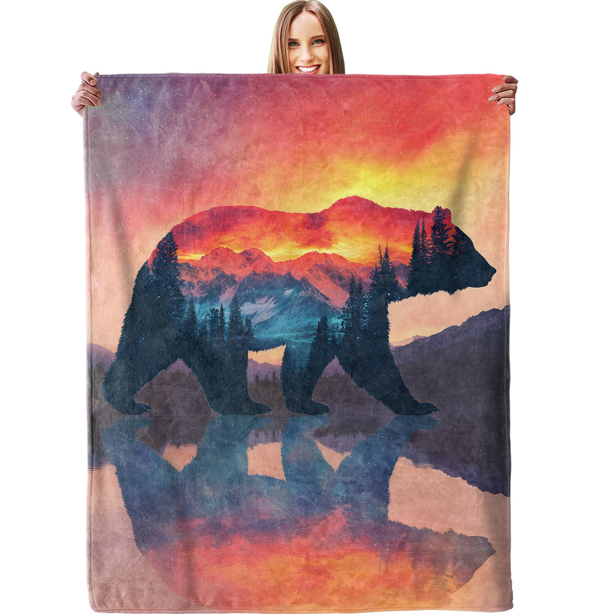 Majestic Mountain Bear Blanket, Plush Soft Lightweight Warm Cozy Flannel 60×50 inch Throw Blanket with Wildlife Nature Scene for Couch, Travel, Bed, Outdoor, Gifts for Men Women Adults