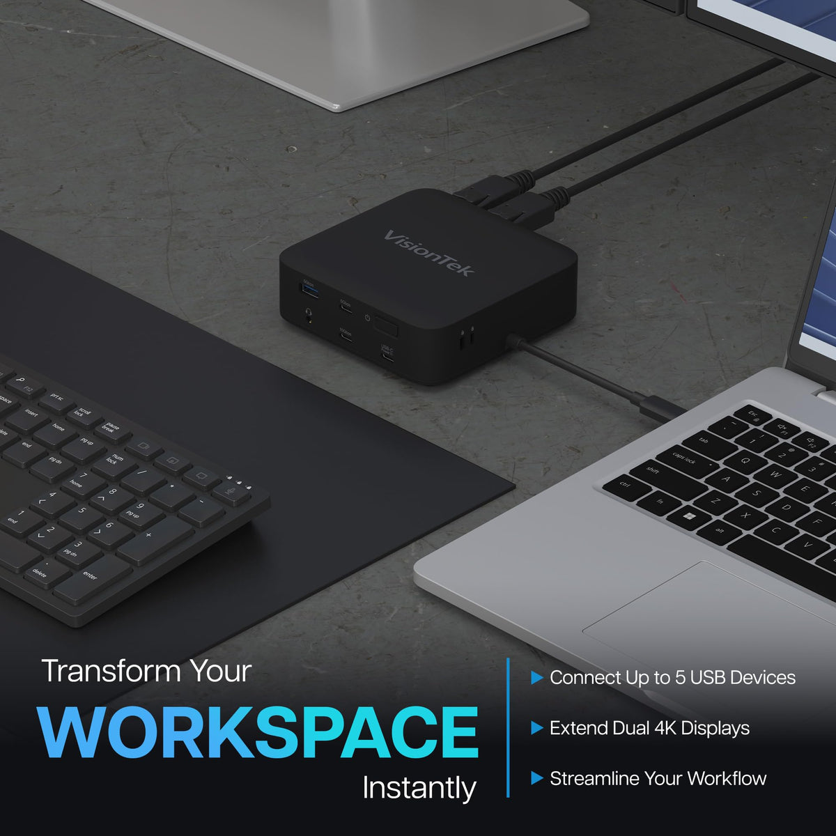 VisionTek VT1200DL USB-C Docking Station Dual 4K – 2X HDMI, 2X DisplayPort, 100W Power Passthrough, Universal Laptop Dock for Windows, MacBook, Chromebook