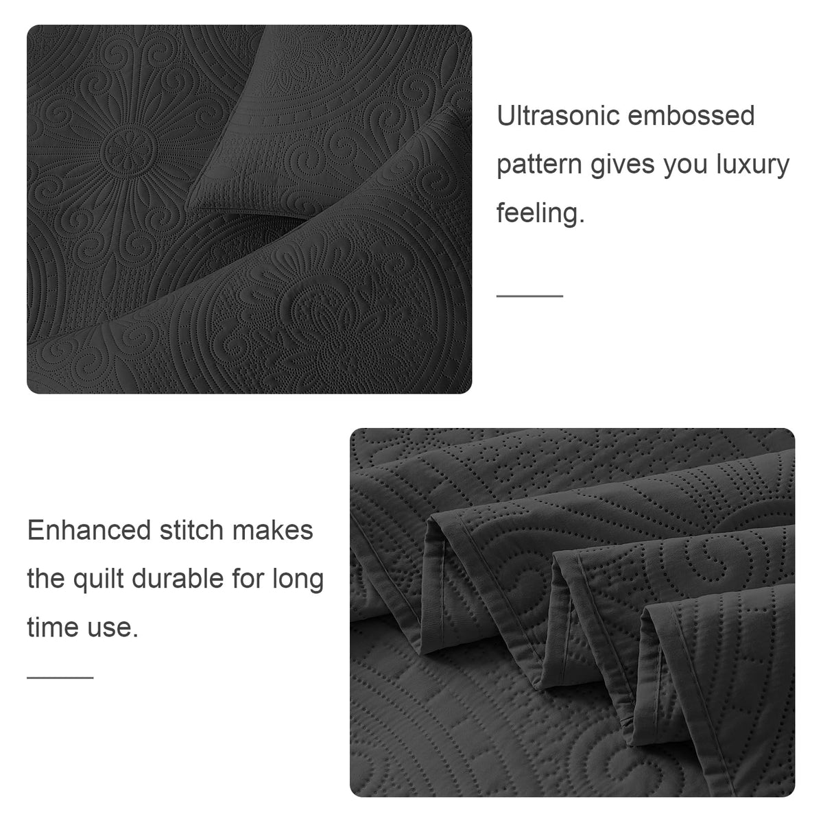 WURUIBO Twin Quilt Set Black,Ultrasonic Embossed Bedspread, Lightweight Microfiber Coverlet, Modern Thin Bedding Set for All Season, 2 Piece(1 Quilt,1 Pillow Shams)