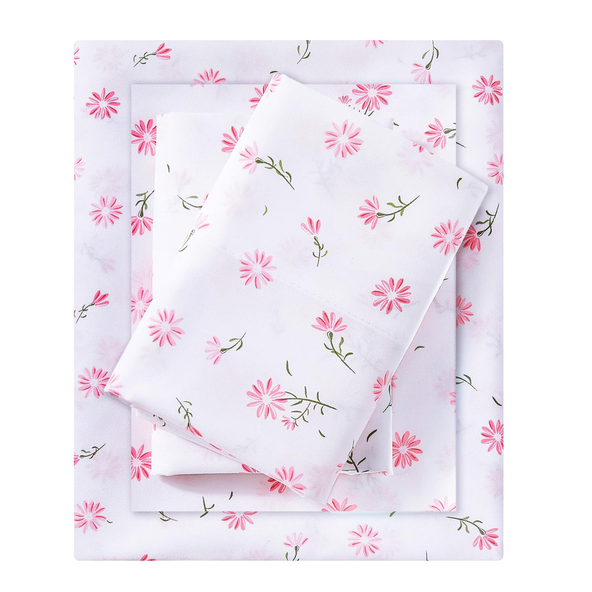 Mooreeke Cozy Vintage Microfiber Printed Floral Queen Sheet Set - Soft & Breathable Pink Daisy Bed Sheets with Extra Deep Pocket - Non-Slip Fitted Design - Daisy Pattern - Queen