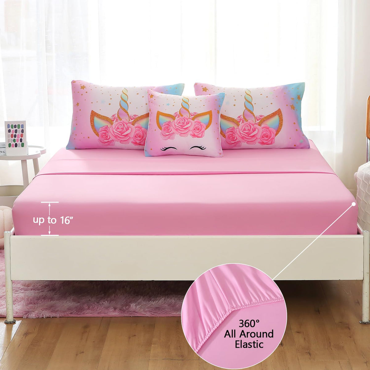 Keyroal 6Pcs Twin Comforter Set with Sheet,Unicorn Flower Bedding Set for Kids,Pink Rainbow Bed in a Bag Bedding for Girls-Smile Unicorn