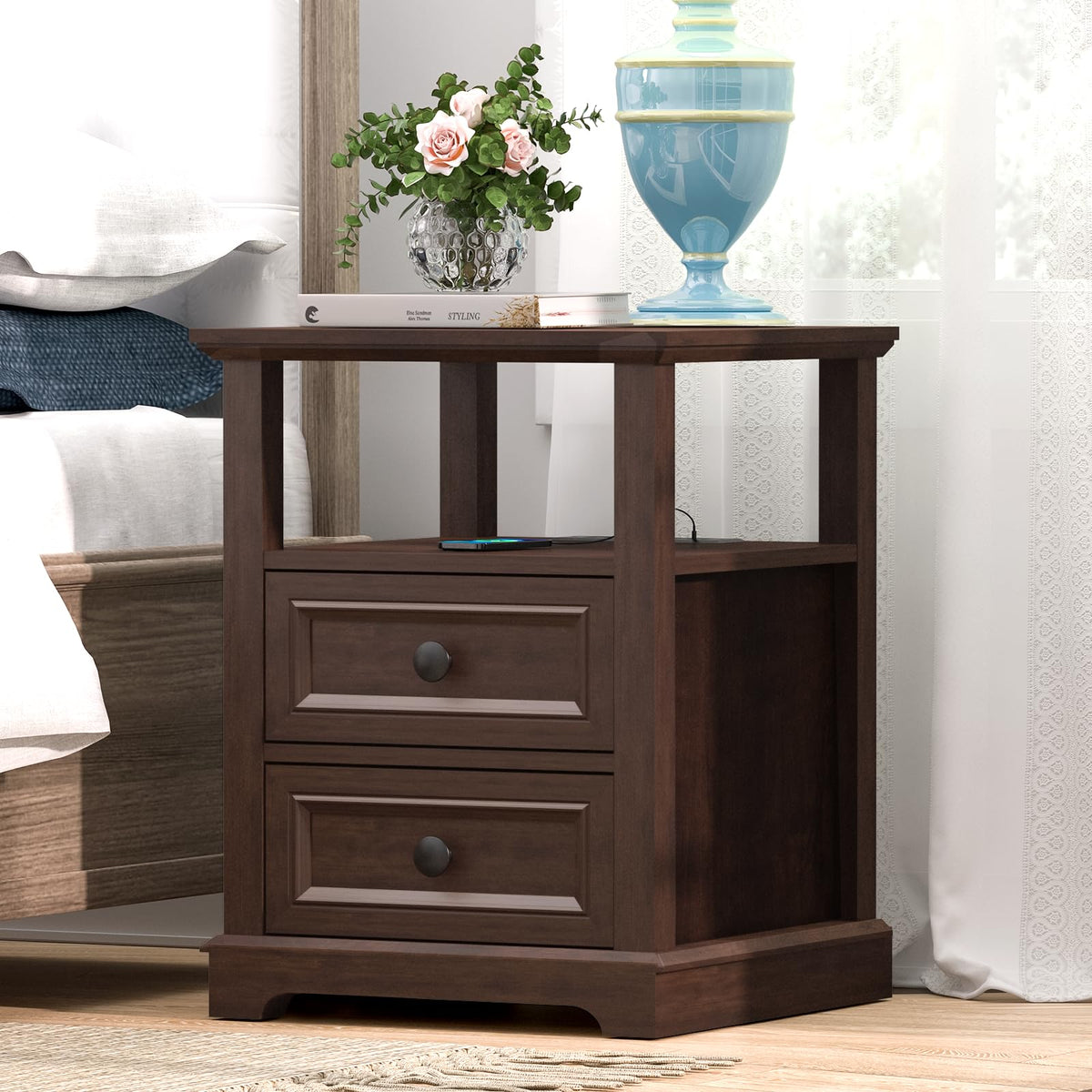 REDAYFUR 24" Tall End Table with Charging Station, Double 18W Fast Charge, Large 18" Bedside Table with Drawers, Rustic Wood Storage Cabinet with Open Shelf for Bedroom, Cherry