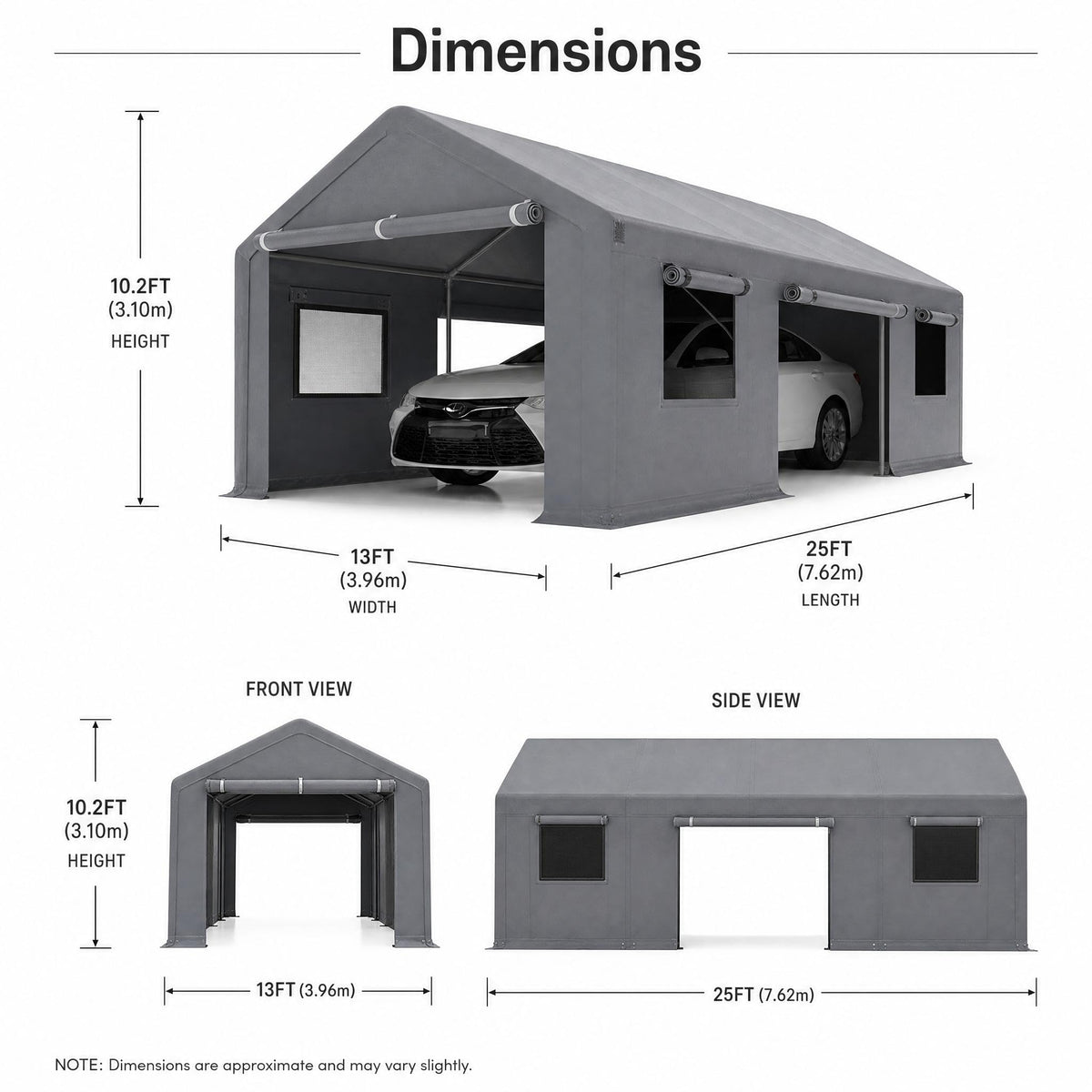 Takywep 13x25 FT Carport Canopy, Heavy Duty PE Car Shelter with Reinforced Steel Frame, Waterproof Outdoor Car Canopy for Vehicle, SUV, Truck, Boat, RV Parking, Gray