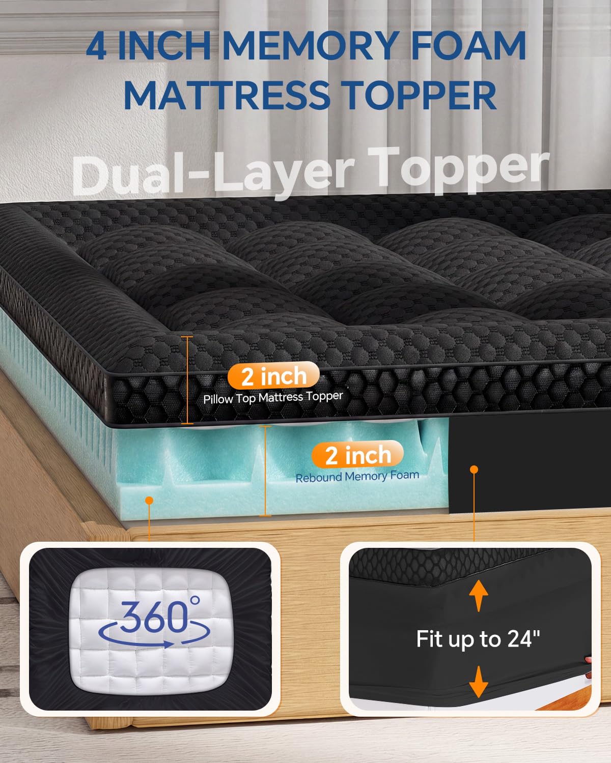 BEDELITE Dorm Room Essentials, Dual Layer 4 Inch Twin XL Memory Foam Mattress Topper for College Students Back to School, 2 Inch Pillow Top Mattress Pad and 2 Inch Cooling Gel Foam (Black)