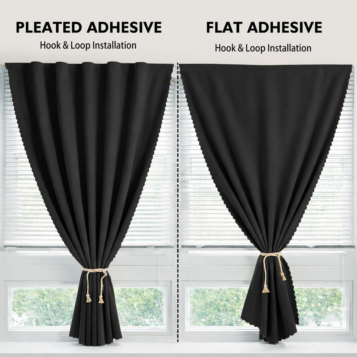 Jilron Magic Tape Stick on Curtains Blackout Curtains for Bedroom no Drillng Self Adhesive Curtain no Rod Small Window (Black, 35" W x 40" L) 2 Panels