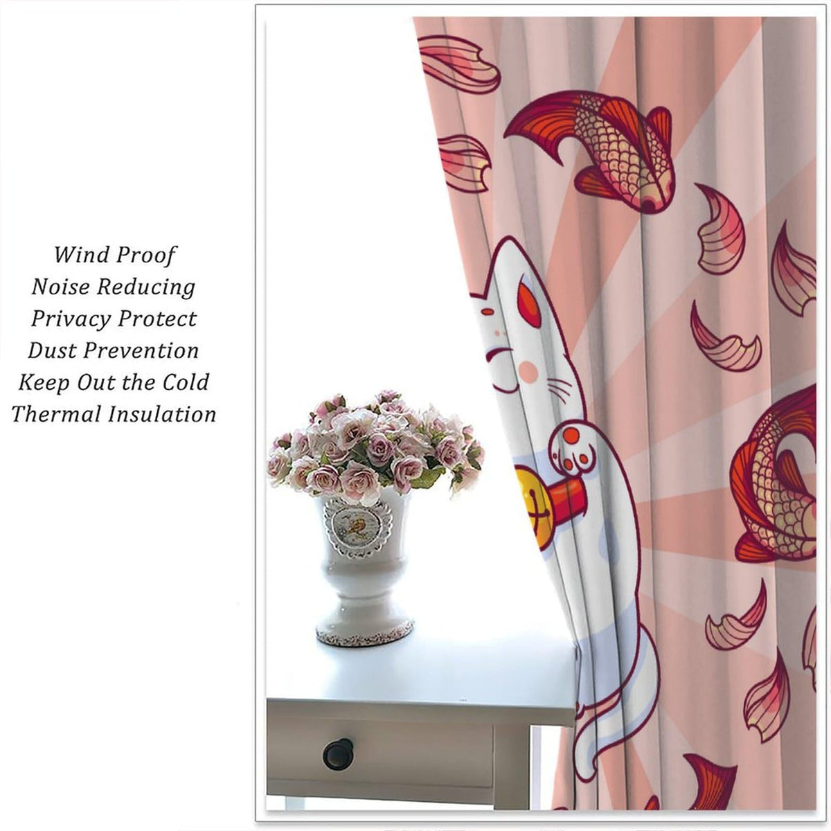 JanJCurt Japanese Noren Curtains, Lucky Cat Kitchen Window Curtain Oriental Style Traditional Red Carp Good Luck Window Treatments for Kitchen Living Room Bedroom, 42x45 Inch (No Blackout)