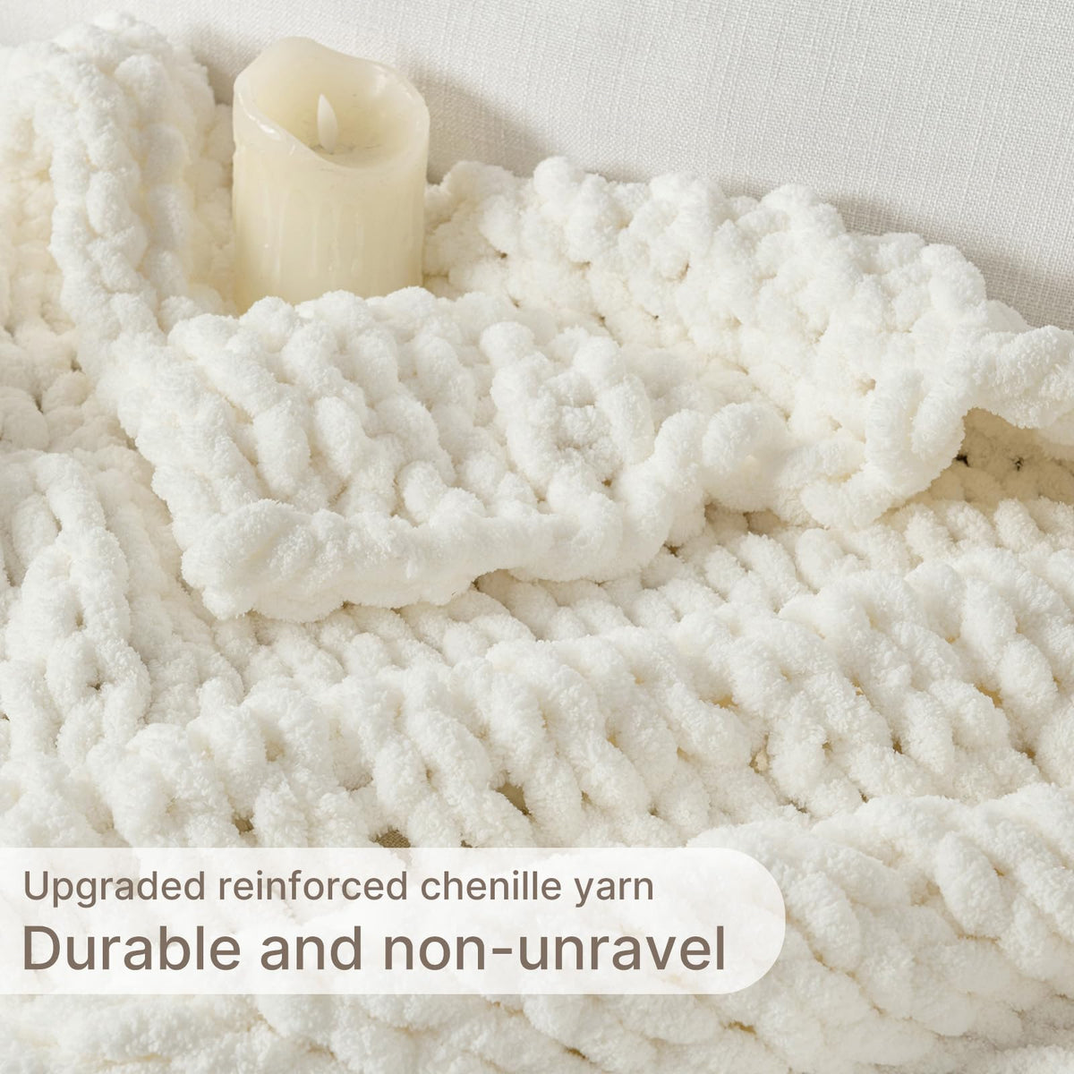 LAST MODA Chunky Knit Blanket Throw, 100% Hand Knit Throw Blanket Handmade Chenille Cable Knit Throw for Couch, Stylish Cozy Soft Rope Knot Crochet Blanket for Home Decor, Ivory, 50x60 Inches