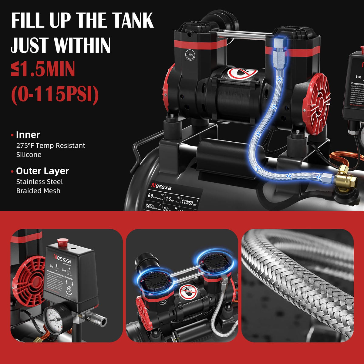 8 Gallon Ultra Quiet Air Compressor, 1.5HP 4.52 CFM, Max 115 PSI Oil-Free Air Compressor Tank for Car Repair, Spray Painting, Woodwork Nailing, 110V/60hz, 70dB