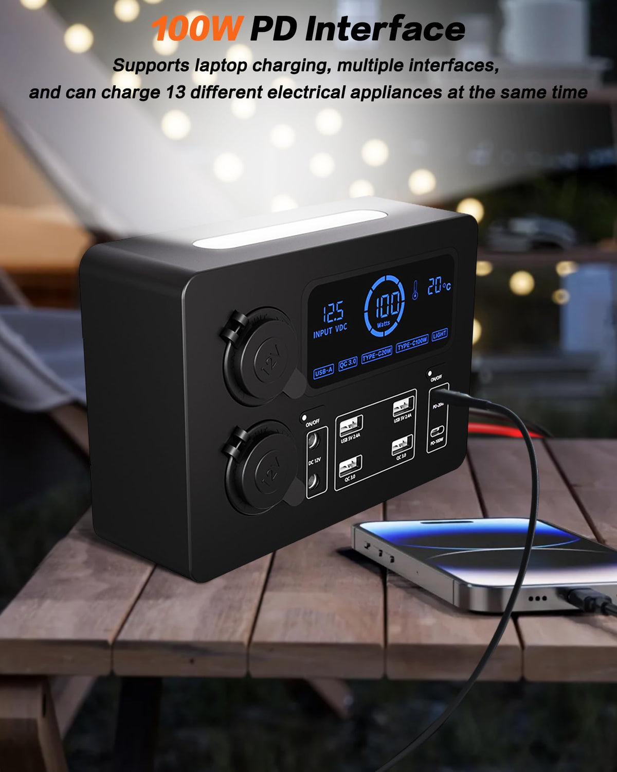 IZTOSS 12V 100W Multifunction Mini Power Box Camping Electrical Power System with LED Lighting USB-C and QC3.0 Ports Cigarette Socket Anderson Port for Camper RVs Pickup Trucks 4WD Canopy Caravan
