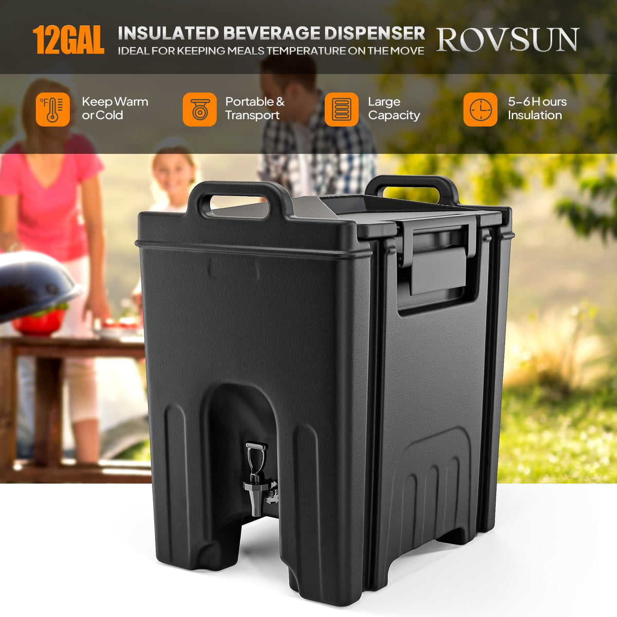 Bonnlo 12 Gallons Insulated Beverage Dispenser, Food-grade LLDPE Cold and Hot Drink Dispenser with Faucet, Handles, Beverage Server Keep Coffee Warm, Drink Container Cooler for Catering Party, Black