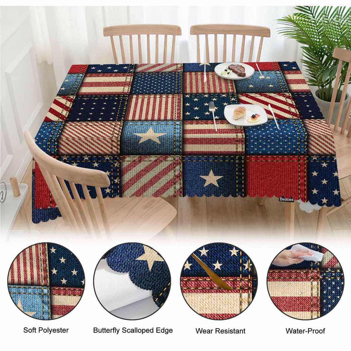 Beabes American Flag Tablecloth for Rectangle Tables Denim Patchwork of American Flag Picnic Table Cover Indoor and Outdoor Table Cloth Camping Tablecloths for Dinner Kitchen 52"X70"